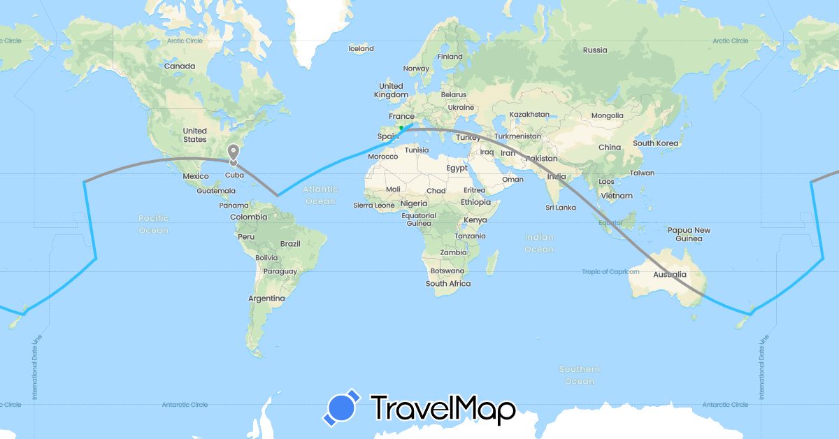 TravelMap itinerary: driving, bus, plane, boat in Andorra, Australia, Barbados, Spain, France, Italy, New Zealand, French Polynesia, Portugal, Singapore, United States (Asia, Europe, North America, Oceania)